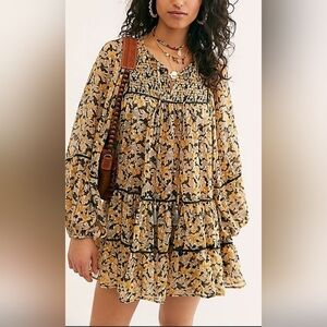 NWT Free People Gold Tan Floral Metallic Free Swing Dress Sz wmn L